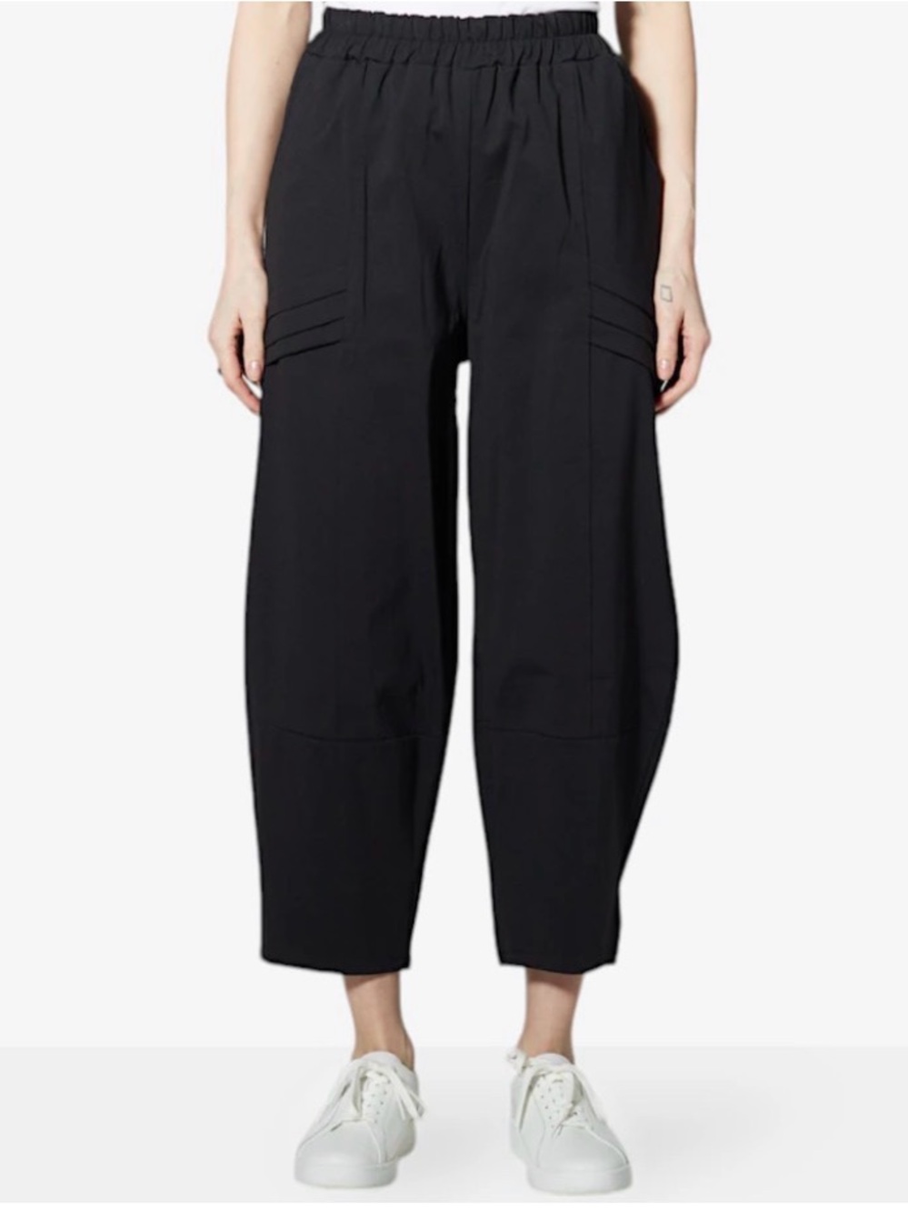 M Made in Italy Black Elastic Waist Wide Leg Barrel Leg Cropped Pocket Pants M
